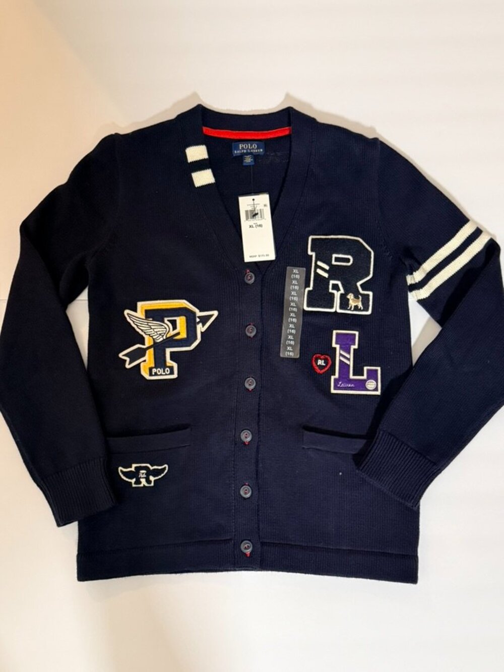 NWT Polo Ralph Lauren Girls XL 16 Varsity Patch Cardigan $125
